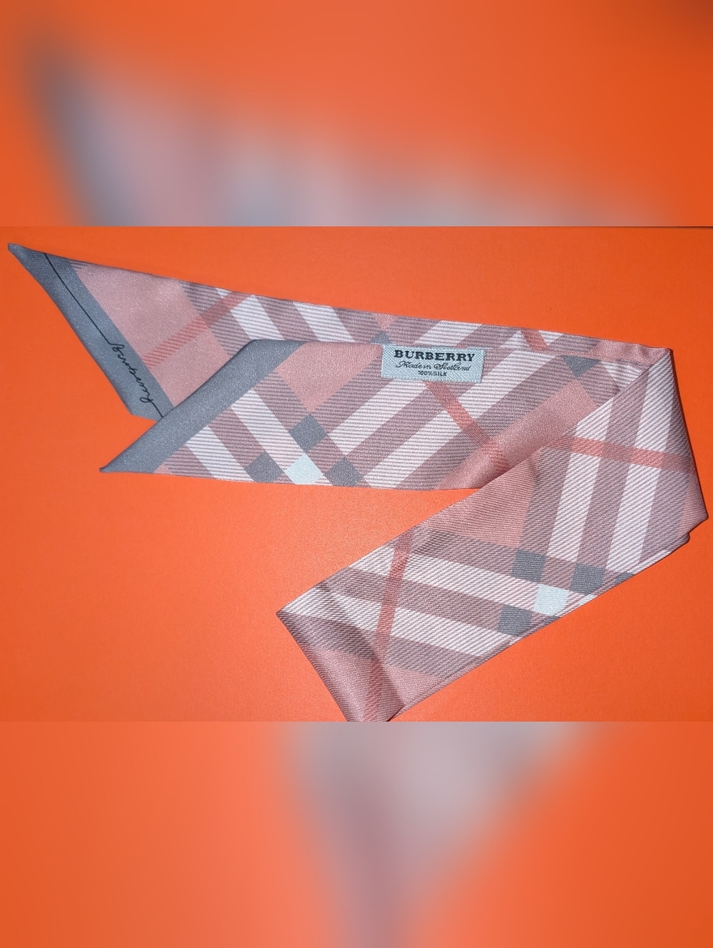 Silk Skinny Scarf Twilly Pink Check Hair Scarf Designer Style - Burberry